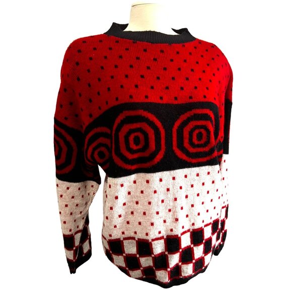 Vintage Geometric Sweater by Alberoy Sz XL Womens Red, White, & Black with Check - Picture 5 of 8